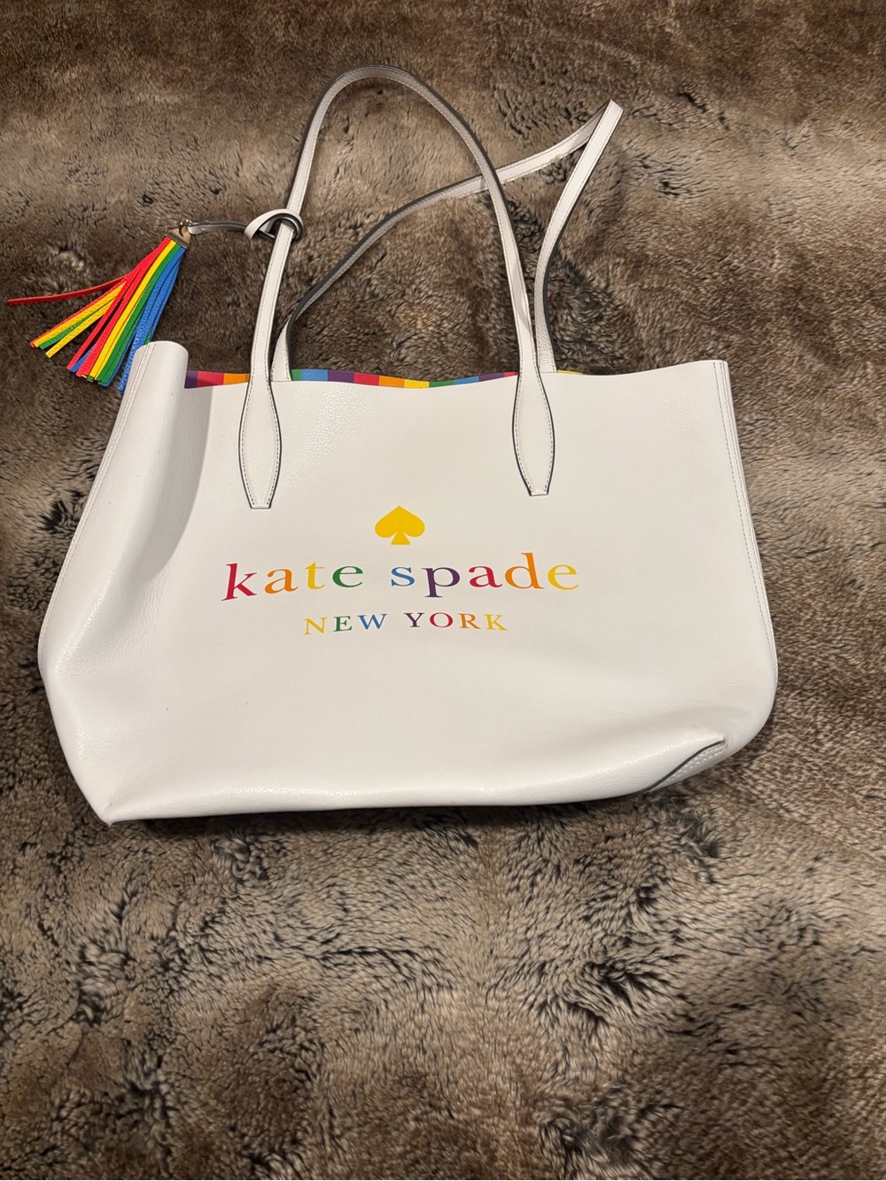 kate spade White Leather Tote with Rainbow Logo and Tassel